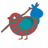 A red and teal chicken with a bar pattern