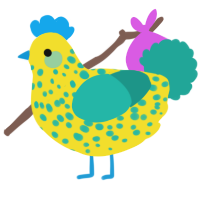 A yellow and turquoise chicken with a speckle pattern
