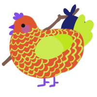 A vermilion and lime chicken with a lace pattern