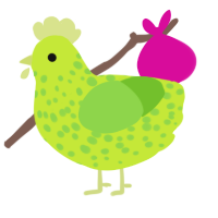 A lime and grass chicken with a speckle pattern