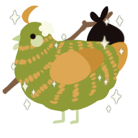 A chartreuse and orange chicken with a bar pattern