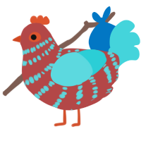 A red and aqua chicken with a bar pattern