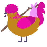 A ochre and fuchsia chicken with a neck-speckle pattern