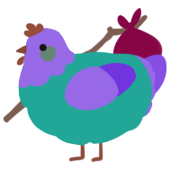A turquoise and blurple chicken with a head pattern
