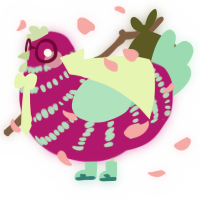 A fuchsia and mint chicken with a bar pattern