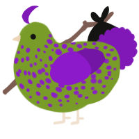 A chartreuse and violet chicken with a speckle pattern