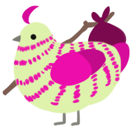A apple and fuchsia chicken with a bar pattern