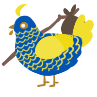 A ultramarine and yellow chicken with a lace pattern