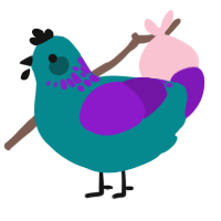 A teal and violet chicken with a neck-speckle pattern