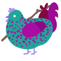 i have a disease, a turquoise and plum chicken with a speckle pattern