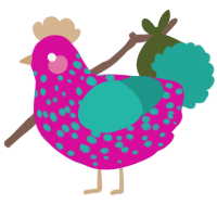 A fuchsia and turquoise chicken with a speckle pattern