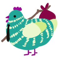Watermelon, a turquoise and apple chicken with a bar pattern