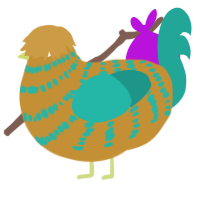 A gold and turquoise chicken with a bar pattern