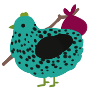 A turquoise and black chicken with a speckle pattern