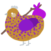 A gold and violet chicken with a speckle pattern