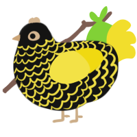 A black and yellow chicken with a lace pattern