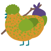 A orange and chartreuse chicken with a speckle pattern