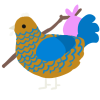 A ochre and sapphire chicken with a lace pattern