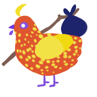 Kino, a vermilion and yellow chicken with a speckle pattern
