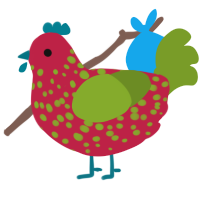 A crimson and chartreuse chicken with a speckle pattern