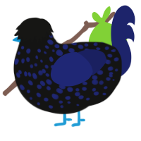 Booberry, a black and navy chicken with a speckle pattern