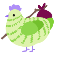 A apple and grass chicken with a bar pattern
