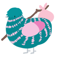 A teal and pink chicken with a bar pattern