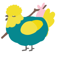 A teal and yellow chicken with a head pattern