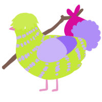 A lime and lilac chicken with a bar pattern