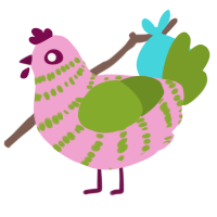 A pink and chartreuse chicken with a bar pattern
