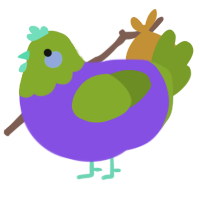 A blurple and chartreuse chicken with a head pattern