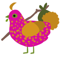 A fuchsia and ochre chicken with a speckle pattern