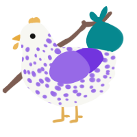 Outside the Binary, a white and blurple chicken with a speckle pattern
