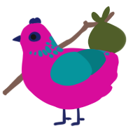 lala loopsy, a fuchsia and teal chicken with a neck-speckle pattern