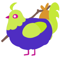 A indigo and lime chicken with a head pattern