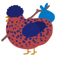 A red and navy chicken with a speckle pattern