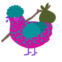 A fuchsia and teal chicken with a speckle pattern