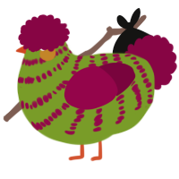 A chartreuse and maroon chicken with a bar pattern