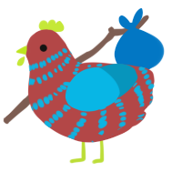 A red and cerulean chicken with a bar pattern