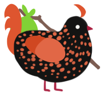 Hallo, a black and vermilion chicken with a speckle pattern