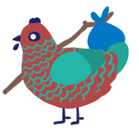 A red and turquoise chicken with a lace pattern