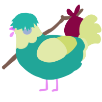 A turquoise and lemon chicken with a head pattern