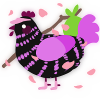 A black and orchid chicken with a bar pattern