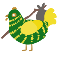 A leaf and yellow chicken with a bar pattern