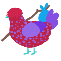 A crimson and blurple chicken with a speckle pattern