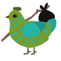 A chartreuse and turquoise chicken with a bar pattern