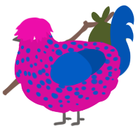 A fuchsia and ultramarine chicken with a speckle pattern