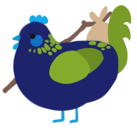 A navy and chartreuse chicken with a neck-speckle pattern