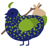 A navy and chartreuse chicken with a speckle pattern