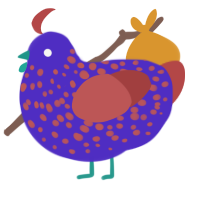 A indigo and red chicken with a speckle pattern